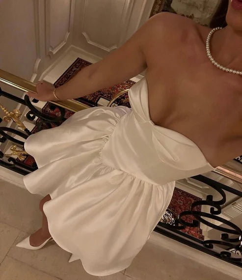 Luolandi Cute Strapless A-Line Satin Homecoming Dress Off Shoulder Party Dress Sexy